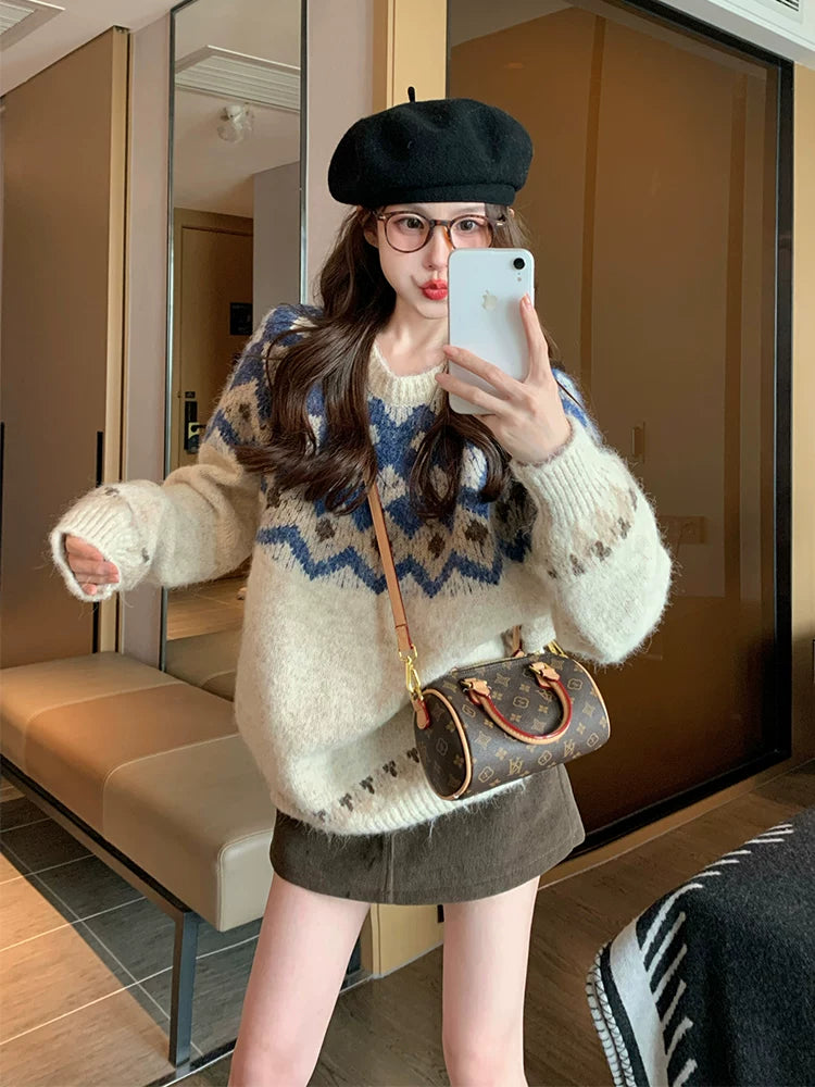 费尔岛套头毛衣女冬季加厚港味复古奶fufu慵懒风小个子内搭针织衫