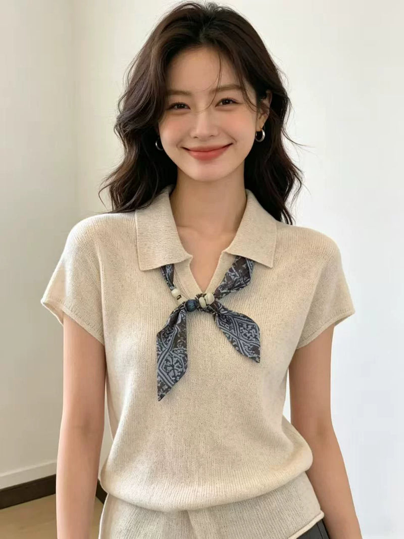 老钱风polo领丝巾短袖针织衫女初夏季韩系设计感薄款显瘦气质上衣