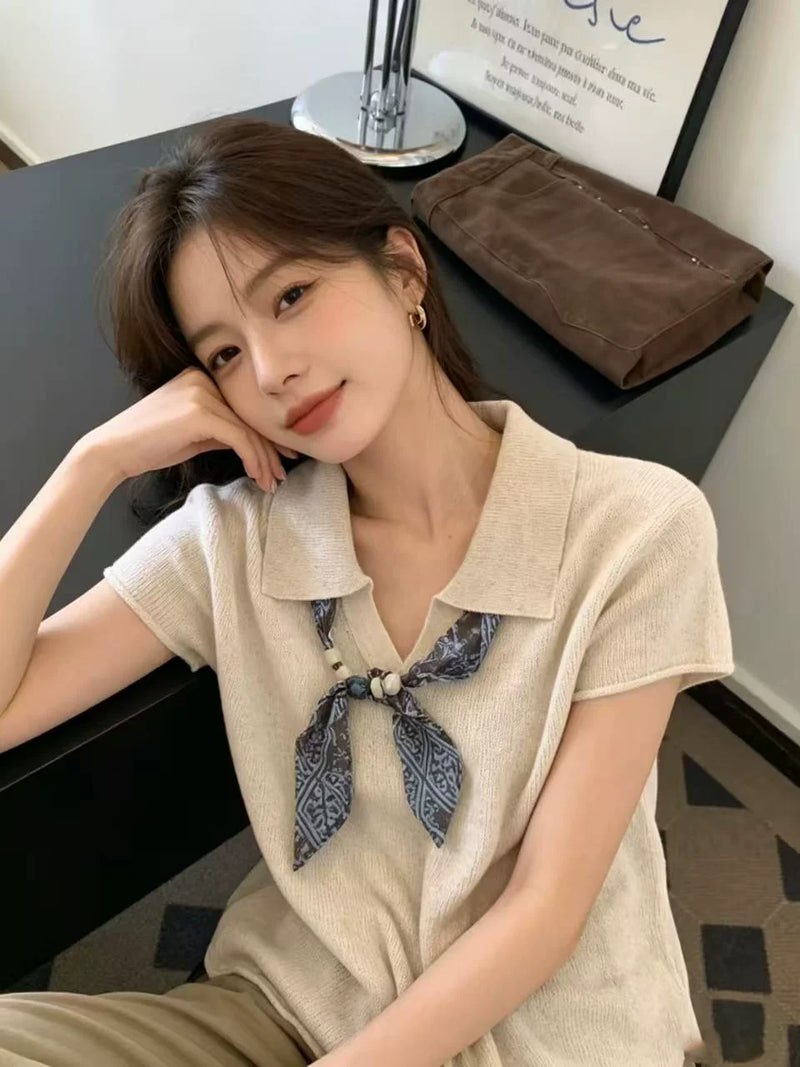 老钱风polo领丝巾短袖针织衫女初夏季韩系设计感薄款显瘦气质上衣