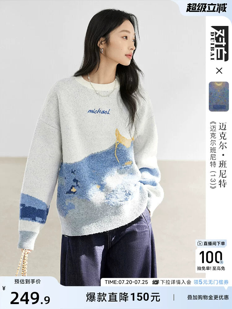 对白艺术画作联名慵懒宽松提花毛衣女2026秋新款绵羊毛混纺针织衫