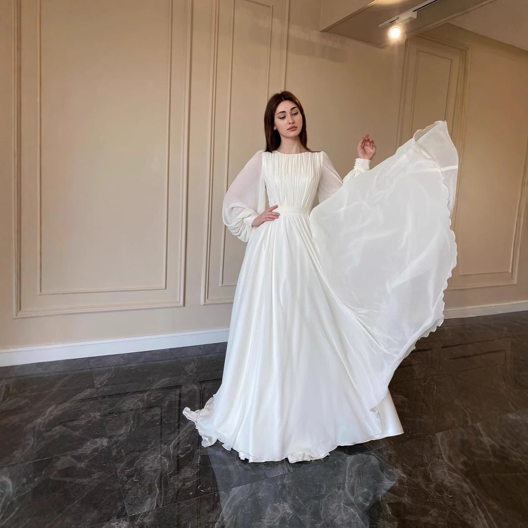 Women's White Double-Layer Chiffon Ball Gown