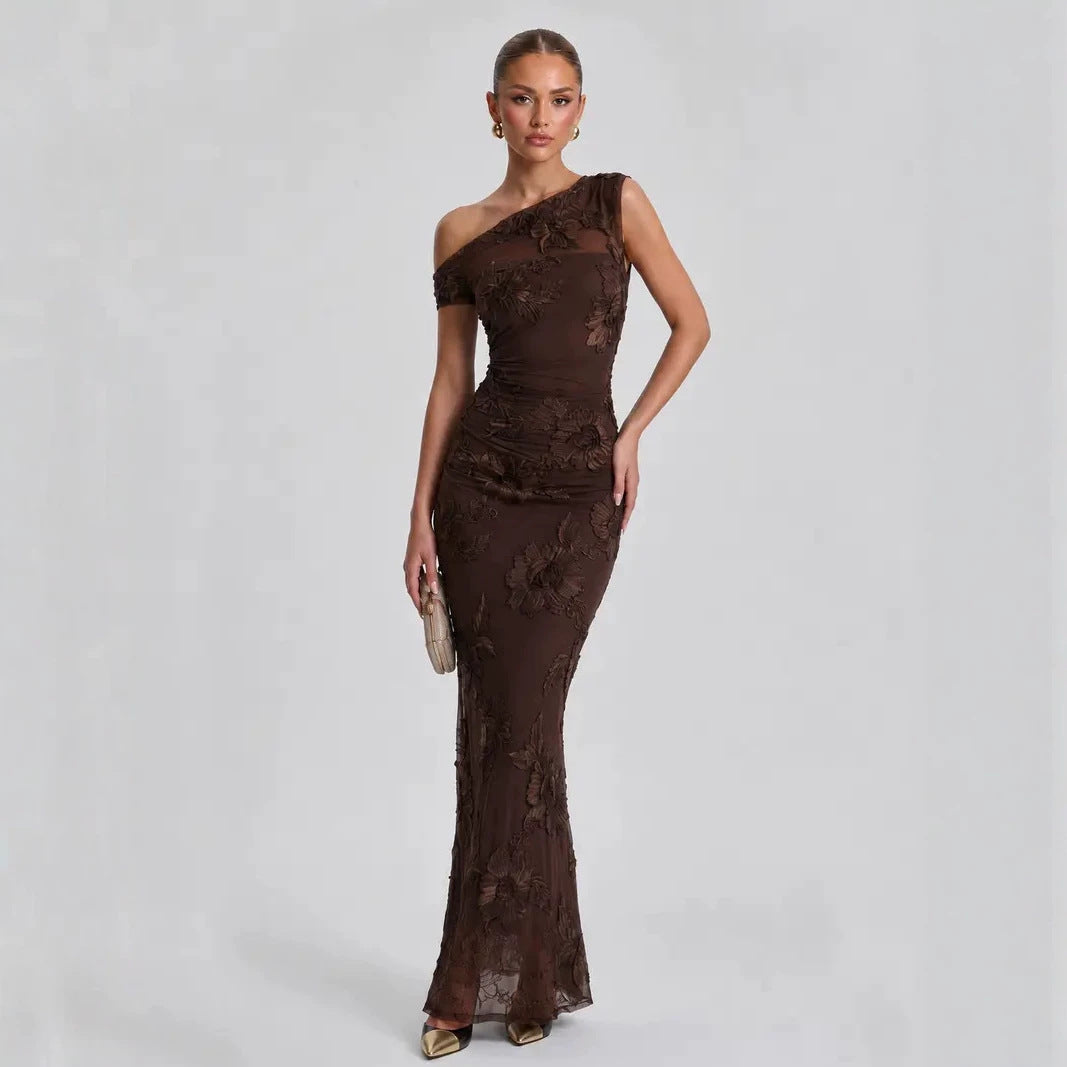 Women's One-Shoulder Jacquard Mermaid Evening Gown