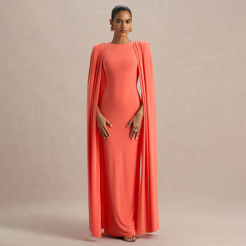 Women's Round-Neck Ruched Maxi Evening Dress