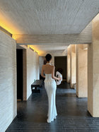 White Ruched Halter Corset Maxi Dress - detail or back view