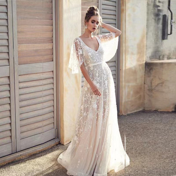 Lace Short-Sleeve Formal Gown