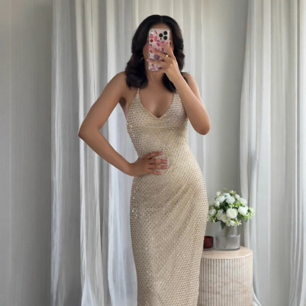 Women's Spaghetti-Strap Rhinestone Evening Dress