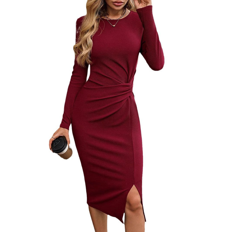 Women's Round-Neck Long-Sleeve Evening Dress with Slit