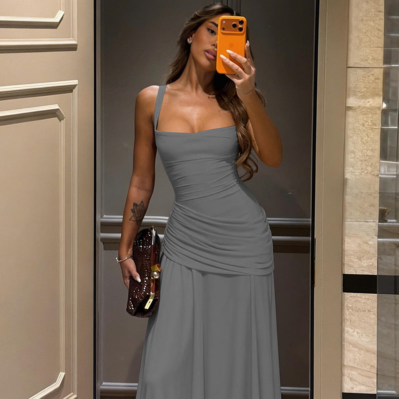 Women's ruched maxi dress with crisscross open back