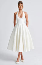 Women's Halter Jacquard Evening Dress with Open Back - White