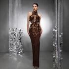 Floral Appliqué Backless Evening Gown