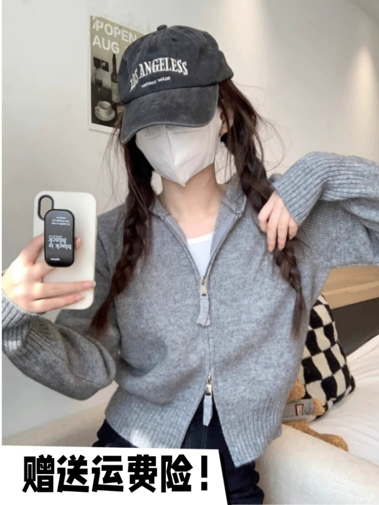 灰色拉链外套连帽针织开衫女秋冬ins韩版洋气内搭短款毛衣打底衫