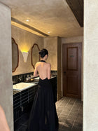 Open-Back Halter Maxi Dress with Ruched Waist - detail or back view