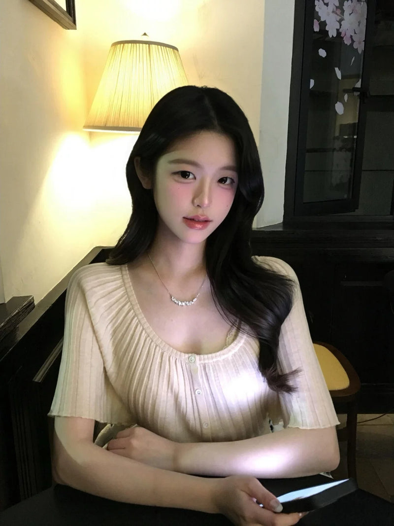 法式蝙蝠袖冰丝亚麻短袖针织衫女夏季独特漂亮初夏收腰风琴褶上衣