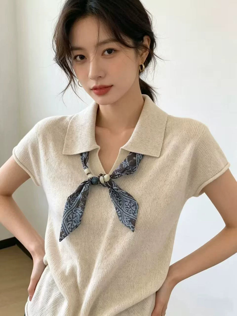 老钱风polo领丝巾短袖针织衫女初夏季韩系设计感薄款显瘦气质上衣