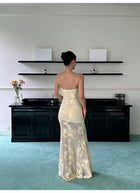 Yellow Floral Applique Strapless Mermaid Maxi Dress - detail or back view