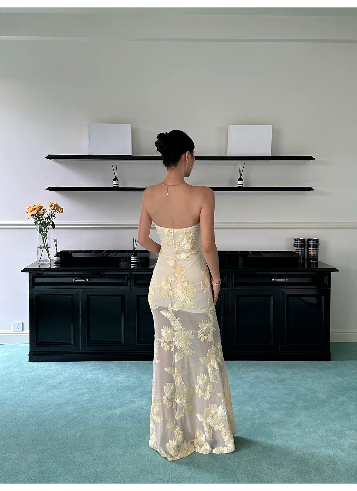 Yellow Floral Applique Strapless Mermaid Maxi Dress - detail or back view