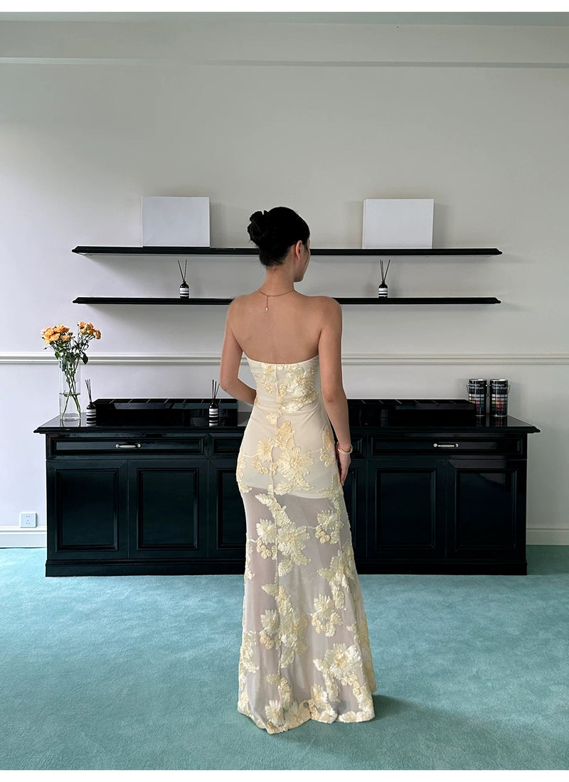 Yellow Floral Applique Strapless Mermaid Maxi Dress - detail or back view