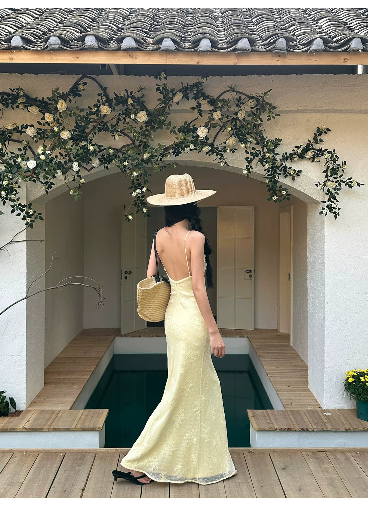 Butter Yellow Keyhole Lace Slip Maxi Dress - detail or back view
