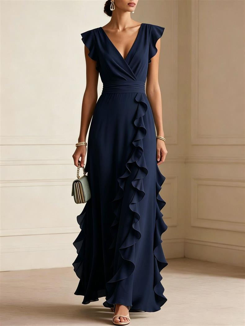 Women's V-Neck Maxi Evening Dress - Navy