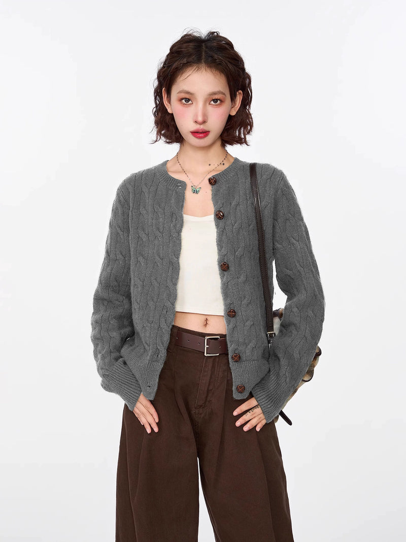 绿色麻花毛衣开衫外套女早春春季韩系内搭打底短款针织衫长袖上衣