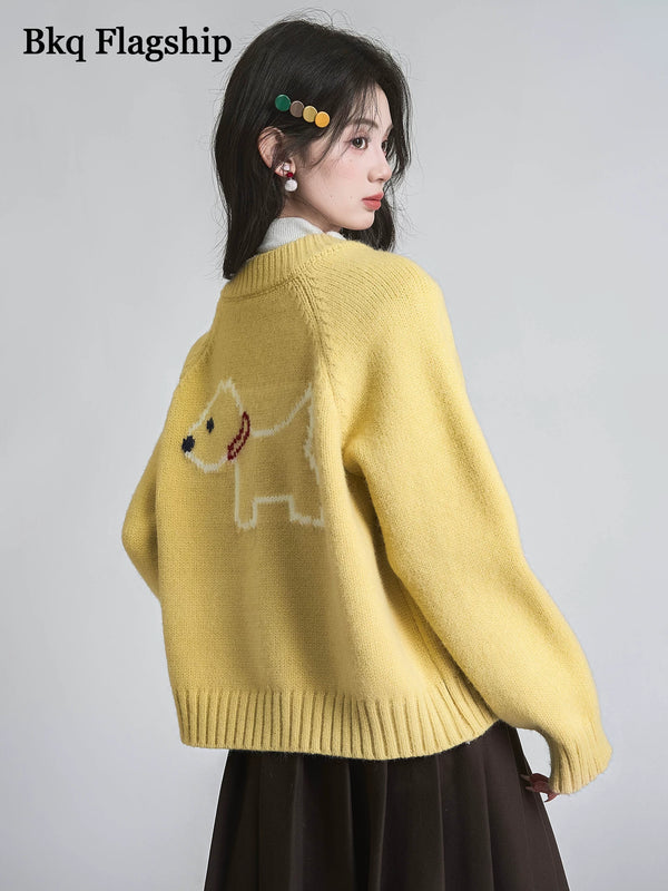 小狗提花双拉链毛衣外套女2026冬季新款小个子保暖针织开衫上衣厚