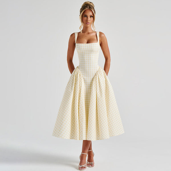 Women's Plaid Print Backless Spaghetti-Strap Dress
