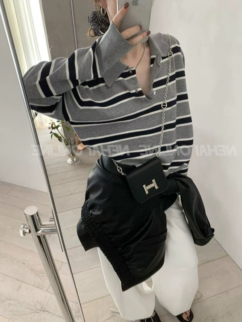 韩系条纹polo翻领针织衫女春秋miu系老钱风宽松毛衣长袖内搭上衣