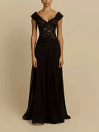 Women's V-Neck Lace Maxi Evening Dress - Black