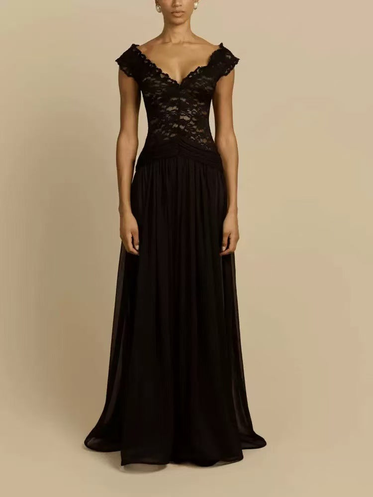 Women's V-Neck Lace Maxi Evening Dress - Black
