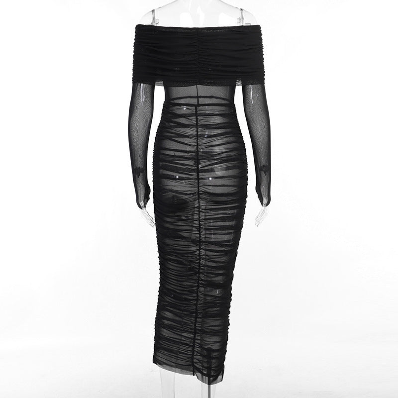 Women's Long-Sleeve Mesh Ruched Maxi Evening Dress