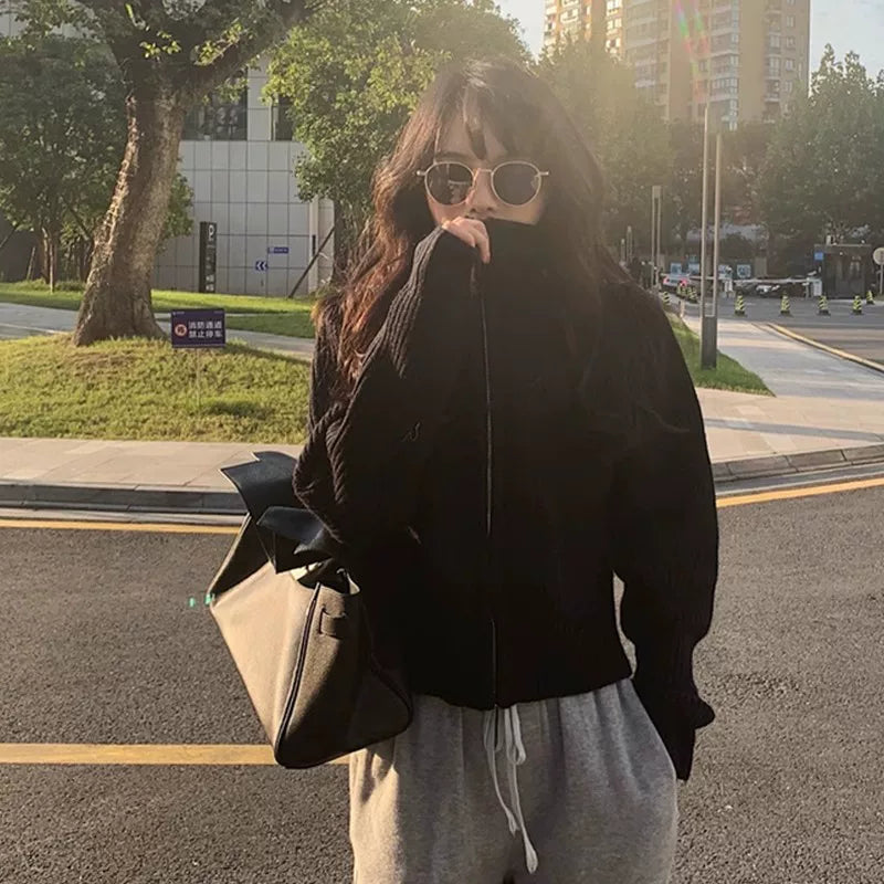 复古翻领毛衣外套女秋冬新款针织开衫宽松外穿打底拉链上衣加厚潮