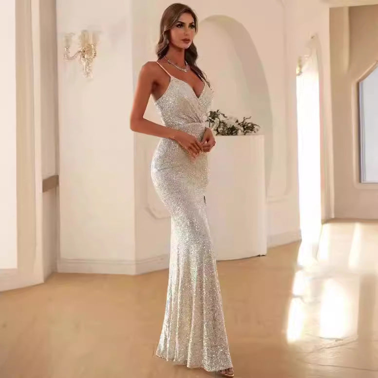 Women's Deep V-Neck Sequin Mermaid Evening Dress
