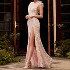 Women's Pink Feather-Trim Sequin Evening Gown