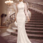Women's Halter Long-Sleeve Tulle Maxi Evening Dress