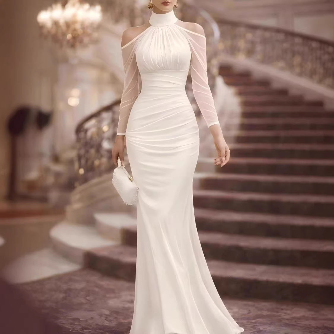 Women's Halter Long-Sleeve Tulle Maxi Evening Dress