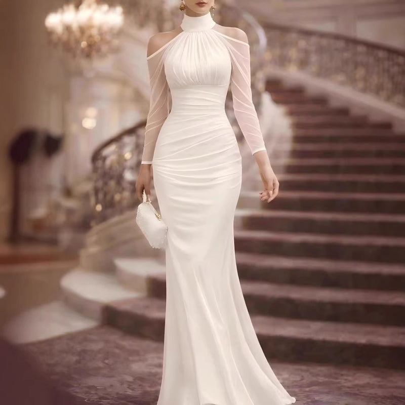 Women's Halter Long-Sleeve Tulle Maxi Evening Dress
