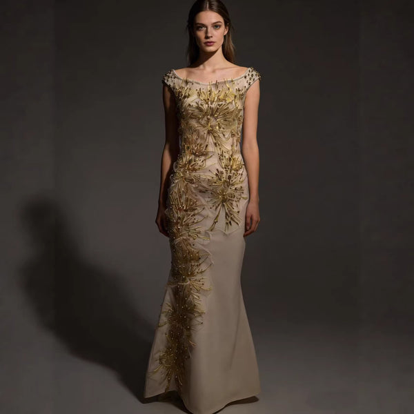Women's Beige Off-Shoulder Sequin Mermaid Evening Gown