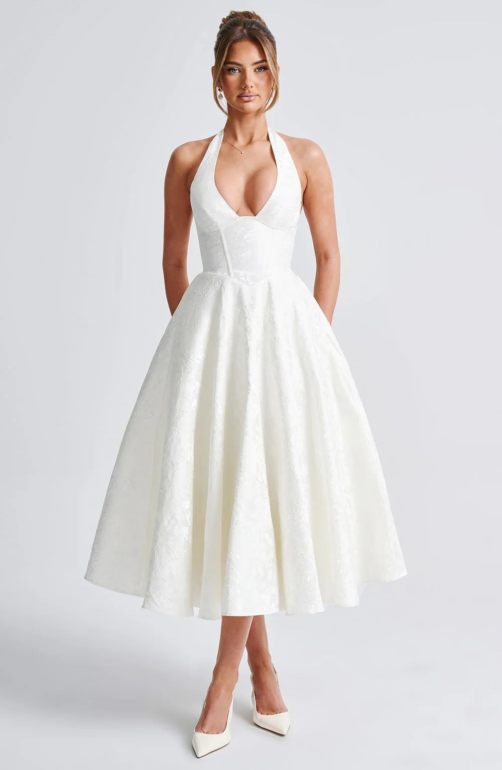 Women's Halter Jacquard Evening Dress with Open Back - White