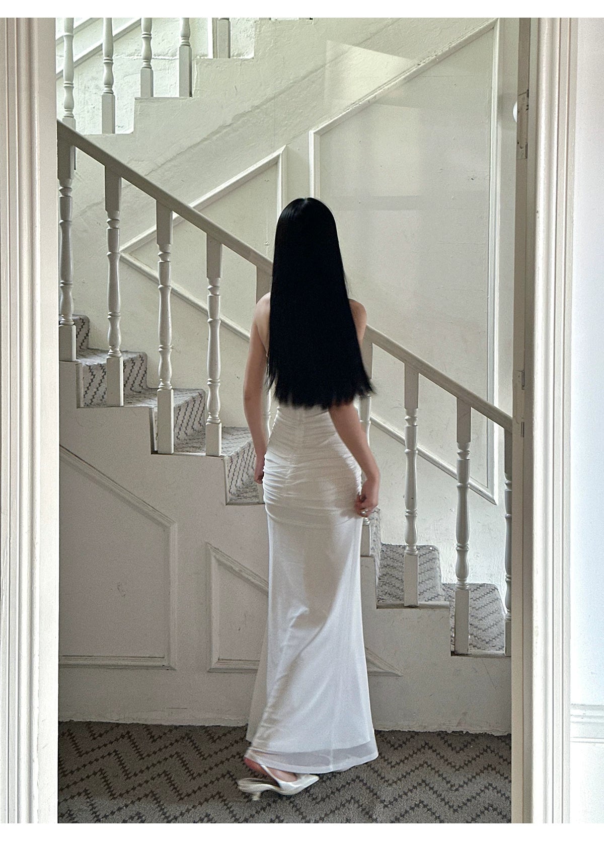 White Strapless Ruched Satin Maxi Dress - detail or back view