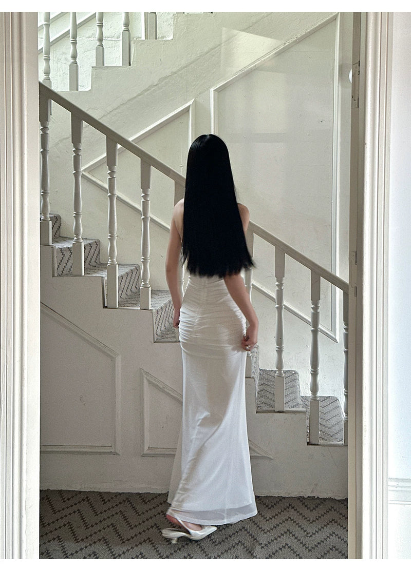 White Strapless Ruched Satin Maxi Dress - detail or back view