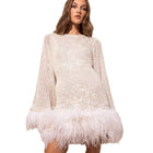 Women's Long-Sleeve Sequin Feather-Trim Mini Cocktail Dress with Open Back