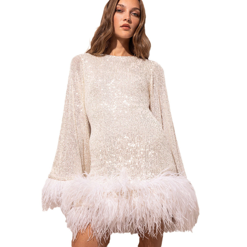 Women's Long-Sleeve Sequin Feather-Trim Mini Cocktail Dress with Open Back