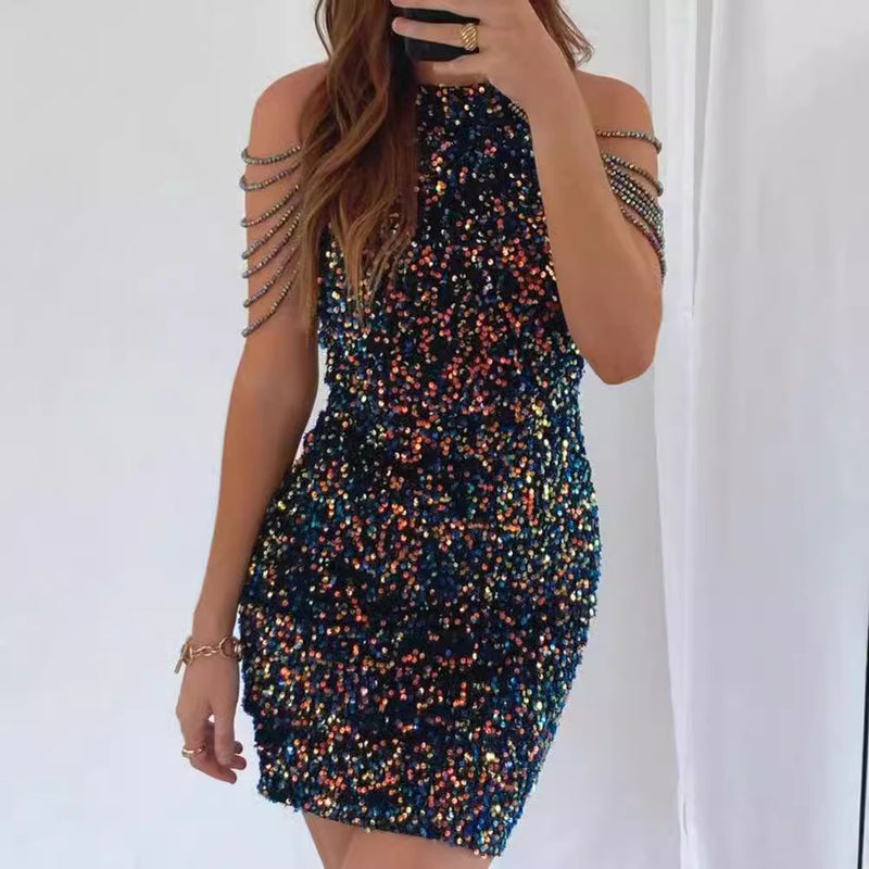 Women's Halter Sequin Fringe Bodycon Evening Dress