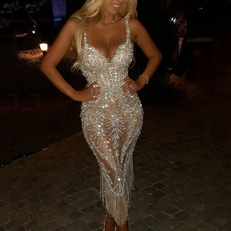 Women's Deep-V Long-Sleeve Sequin Mini Dress
