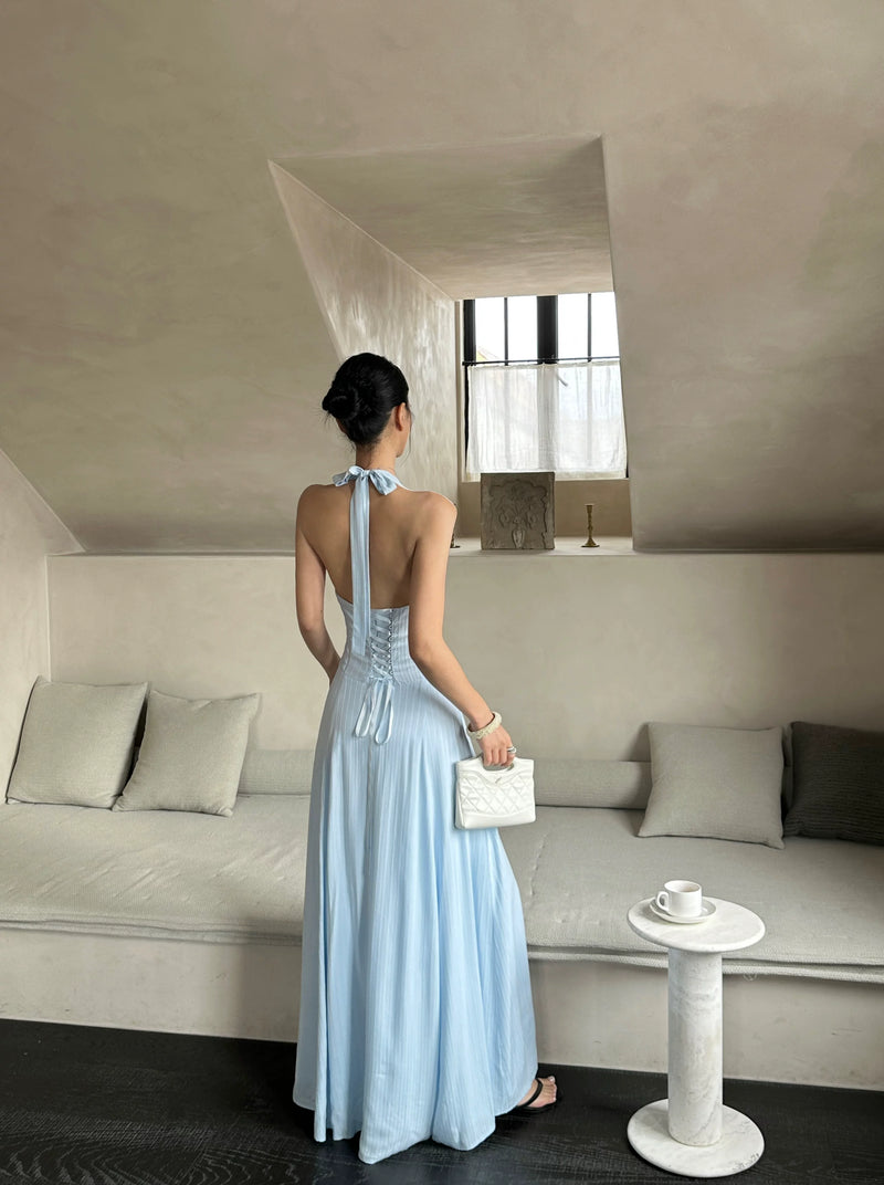 Light Blue Bow Front Corset Halter Maxi Dress - detail or back view