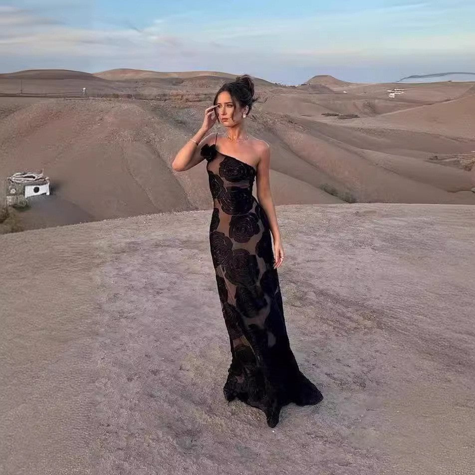 Women's Floral One-Shoulder Maxi Evening Dress