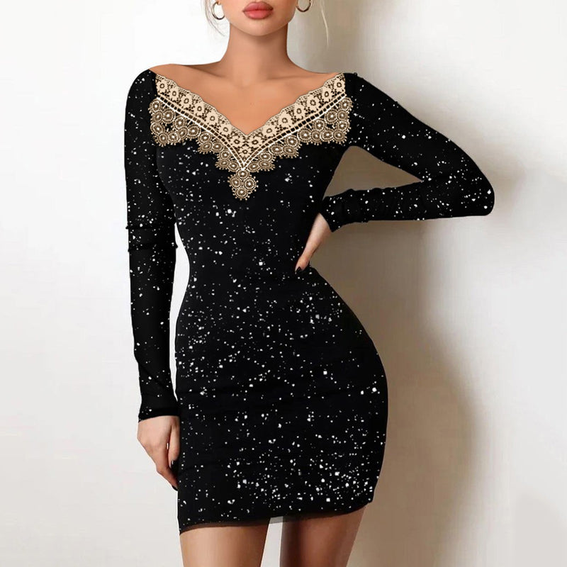 Women's Off-Shoulder Bodycon Evening Dress - Silver Foil - Apricot Lace V-Neck