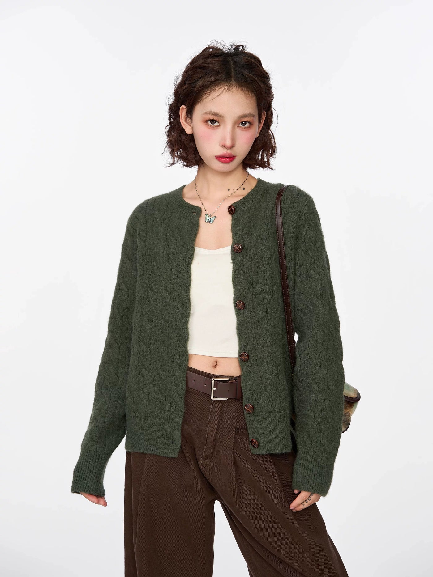 绿色麻花毛衣开衫外套女早春春季韩系内搭打底短款针织衫长袖上衣