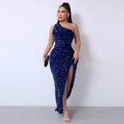 Women's One-Shoulder Sequin Evening Dress with Slit