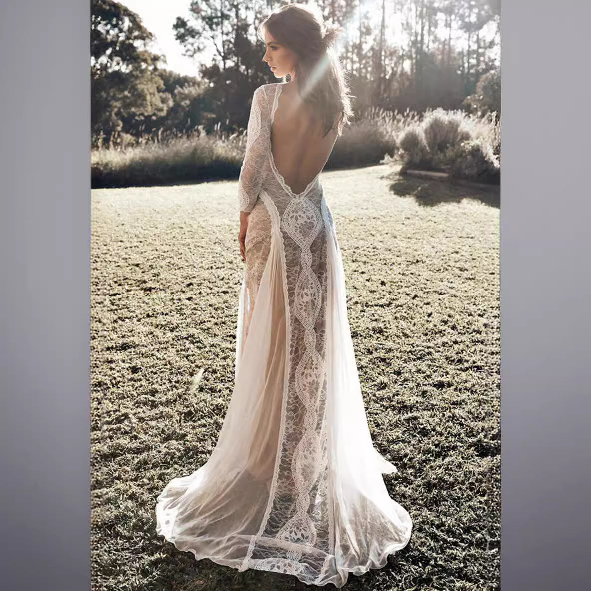 Women's Long-Sleeve Lace Open-Back Wedding Dress